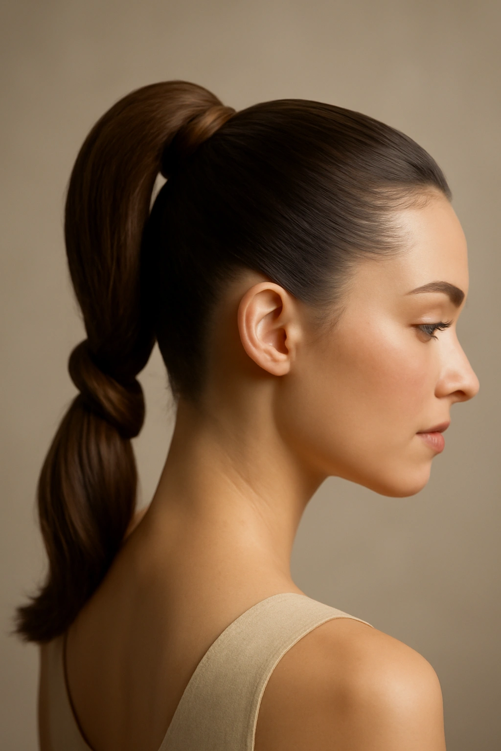 Sleek high ponytail with a twist forming a romantic knot at the base