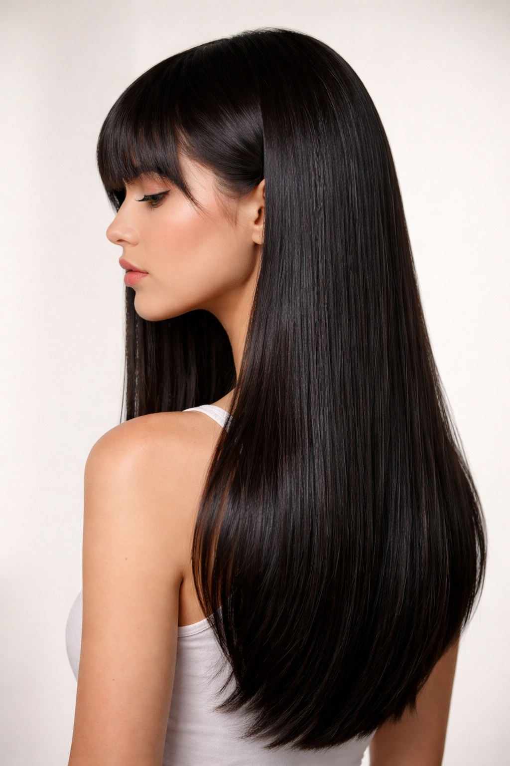 Portrait of a model with a sleek straight jellyfish hairstyle showing smooth texture and glossy finish.