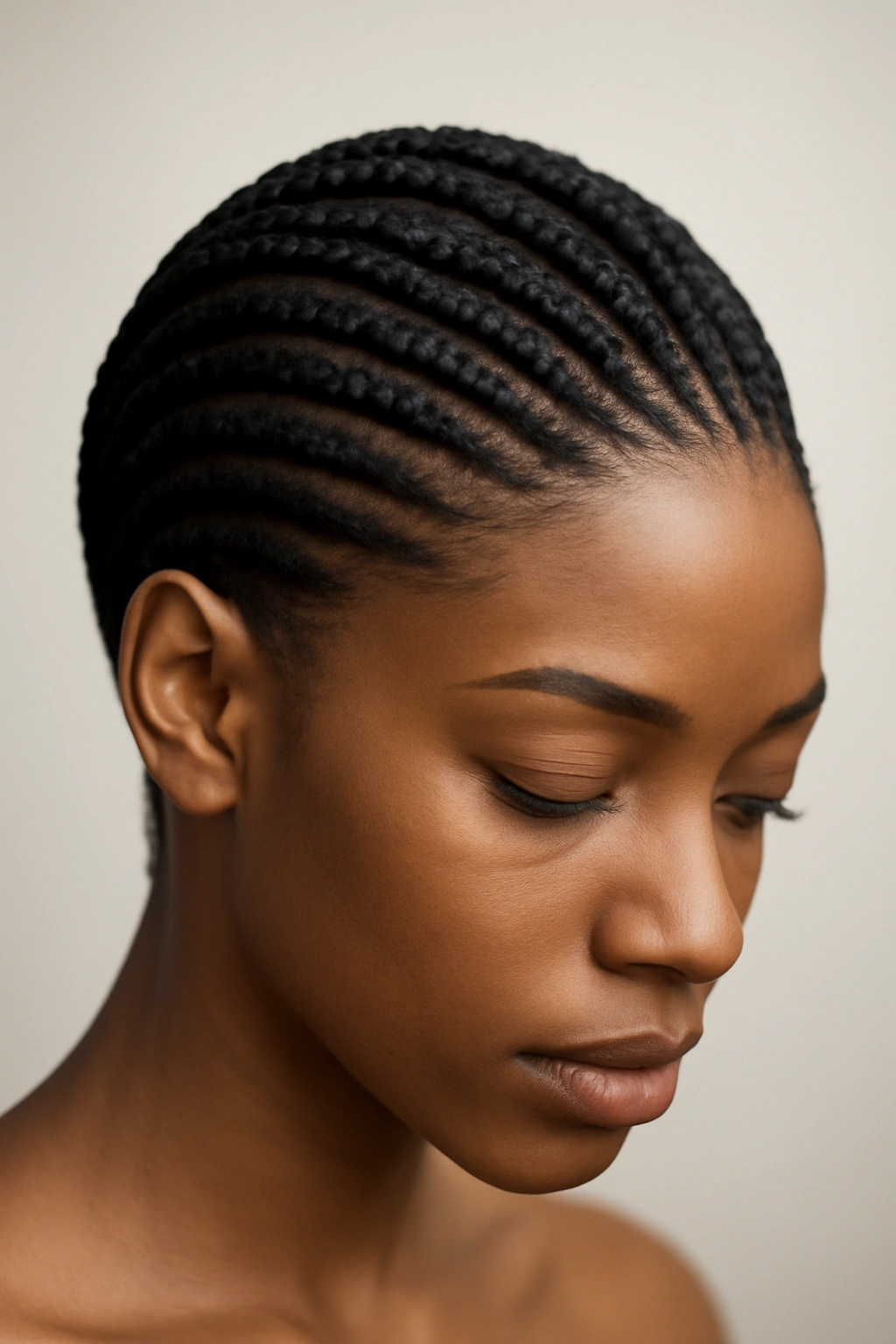 Sleek knotless braids wrapped into curved crown