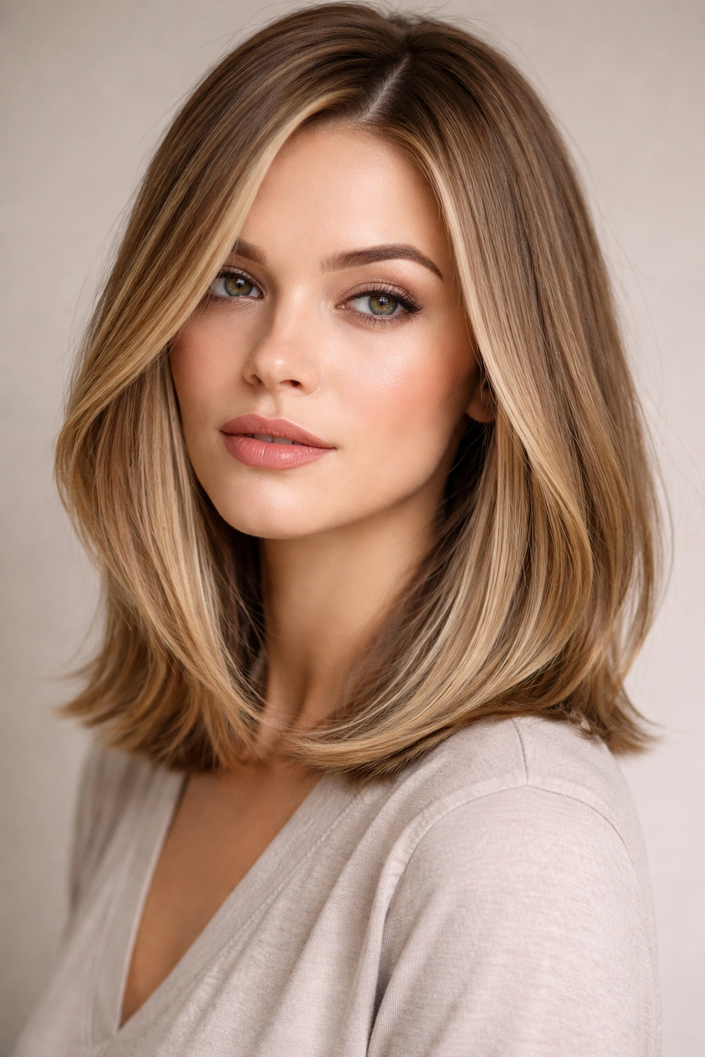 Close-up of sleek layered long bob with smooth ends on fine wavy hair