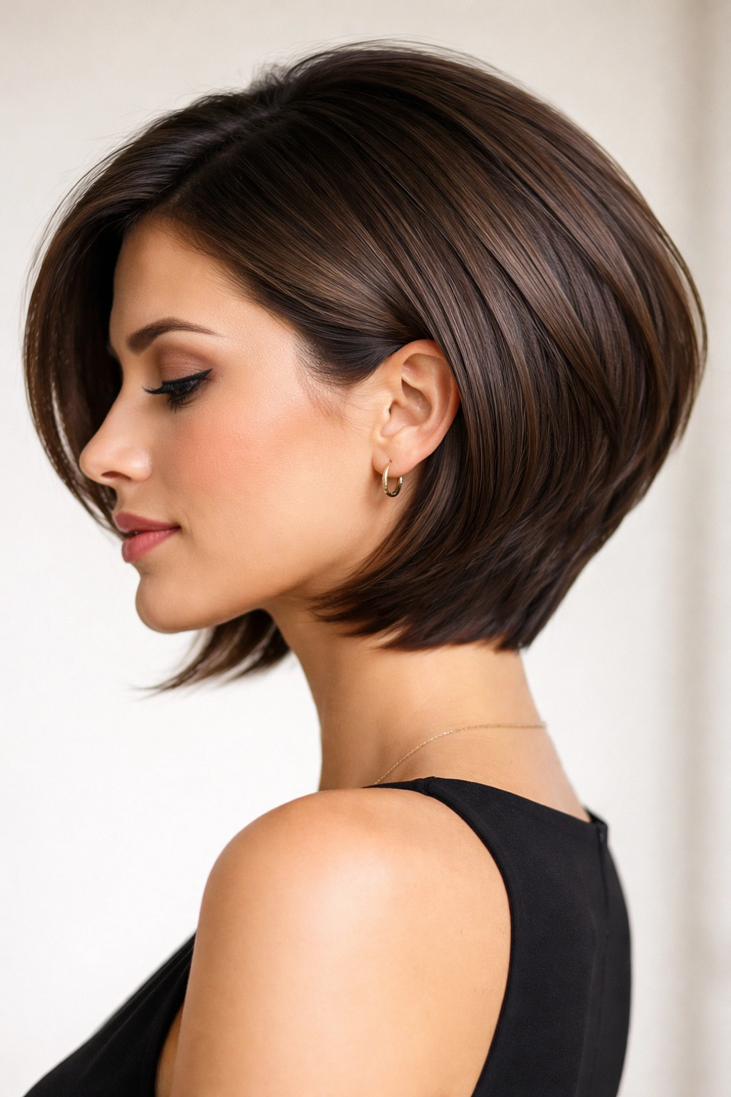Sleek layered stack hairstyle with polished, smooth layers