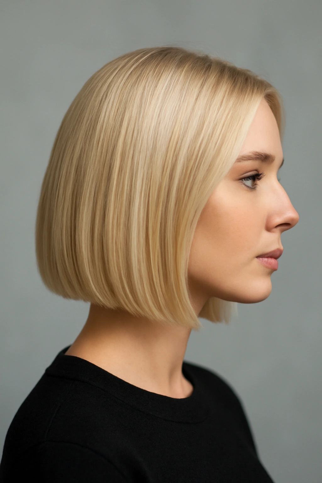 Blonde sleek modern lob with blunt bottom edge in minimal studio portrait
