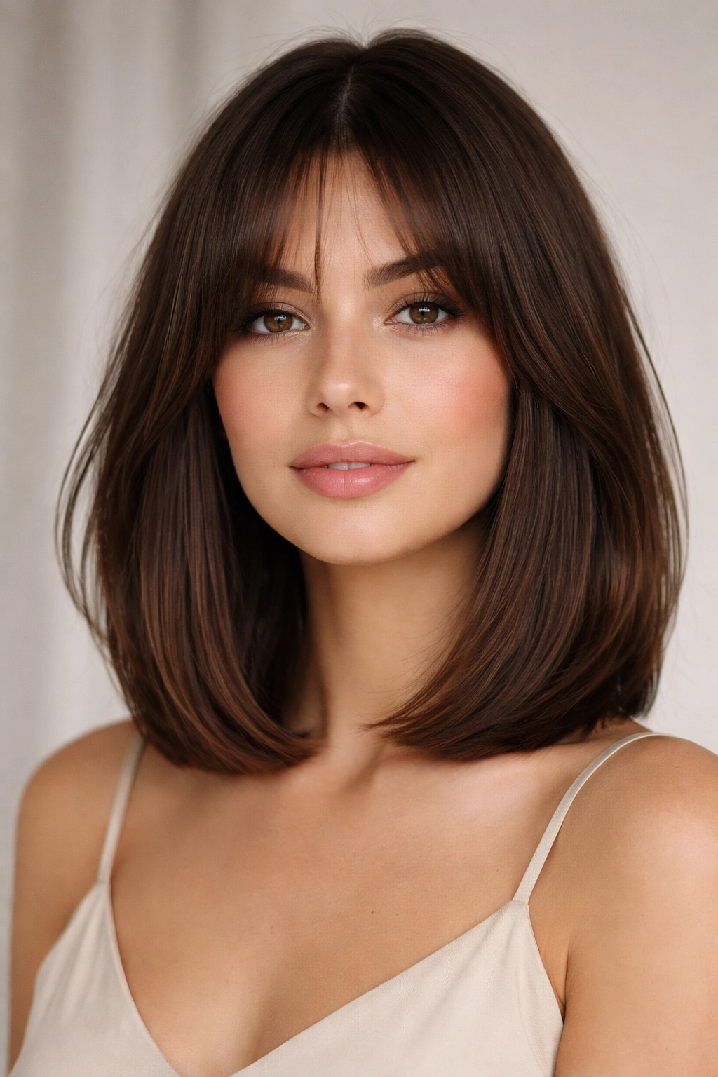 Portrait of a model with a sleek lob and curtain bangs in studio