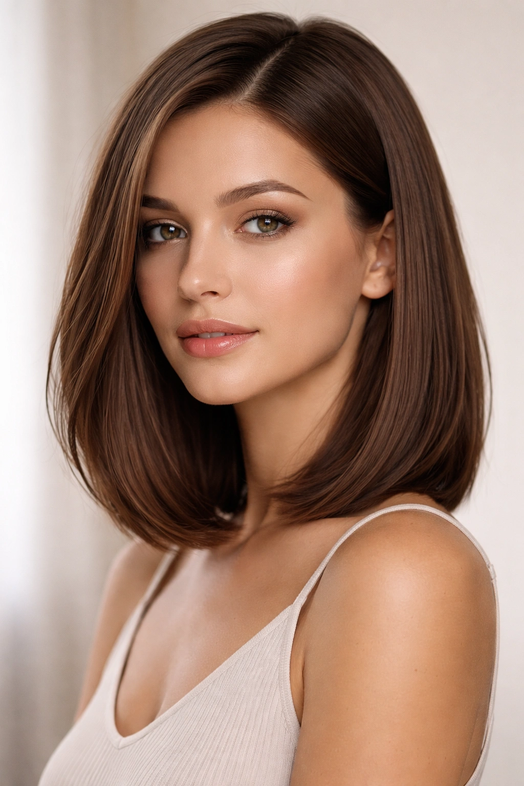 Portrait of a person with a sleek long bob ending at the collarbone with subtle texture.