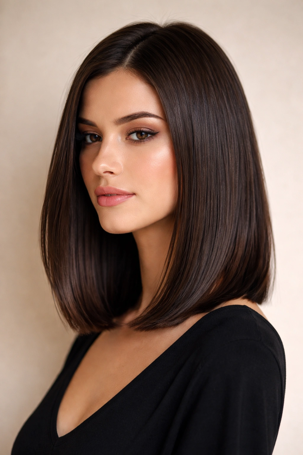 Sleek lob at shoulder length with smooth, glossy finish