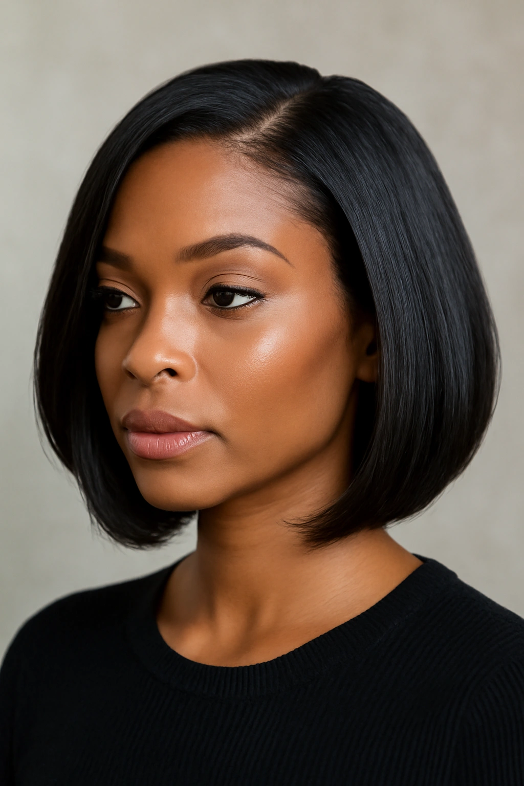 Sleek lob sew-in, chin-length with light layering and a deep part.
