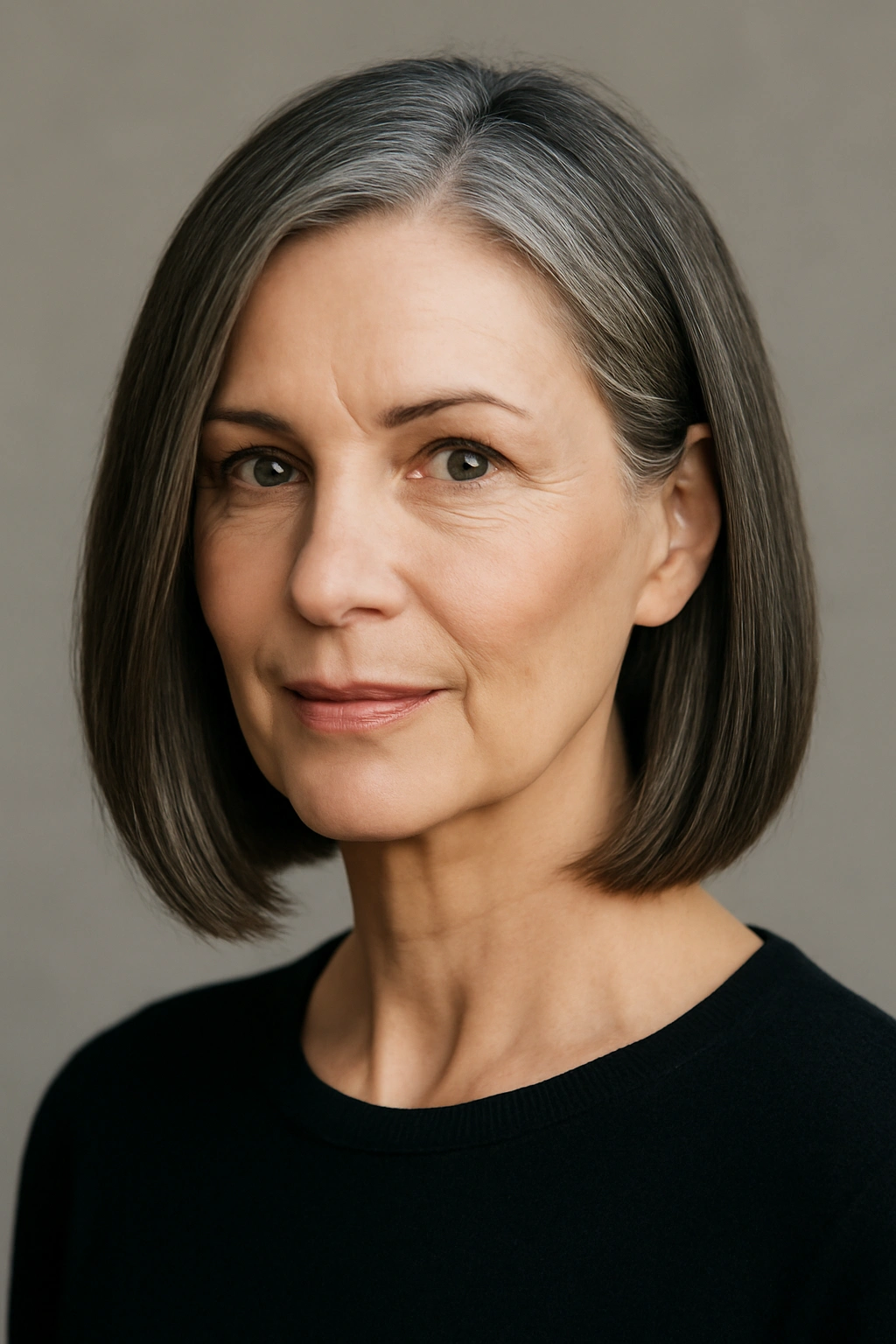 Sleek long bob hairstyle on a mature woman