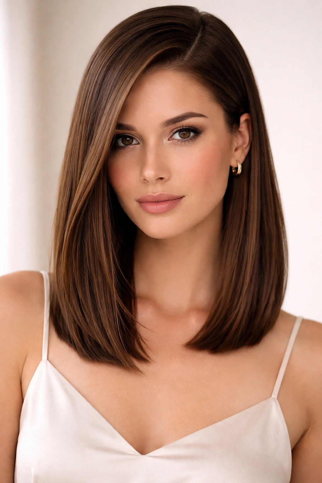Sleek straight lob with a deep side part and glossy finish