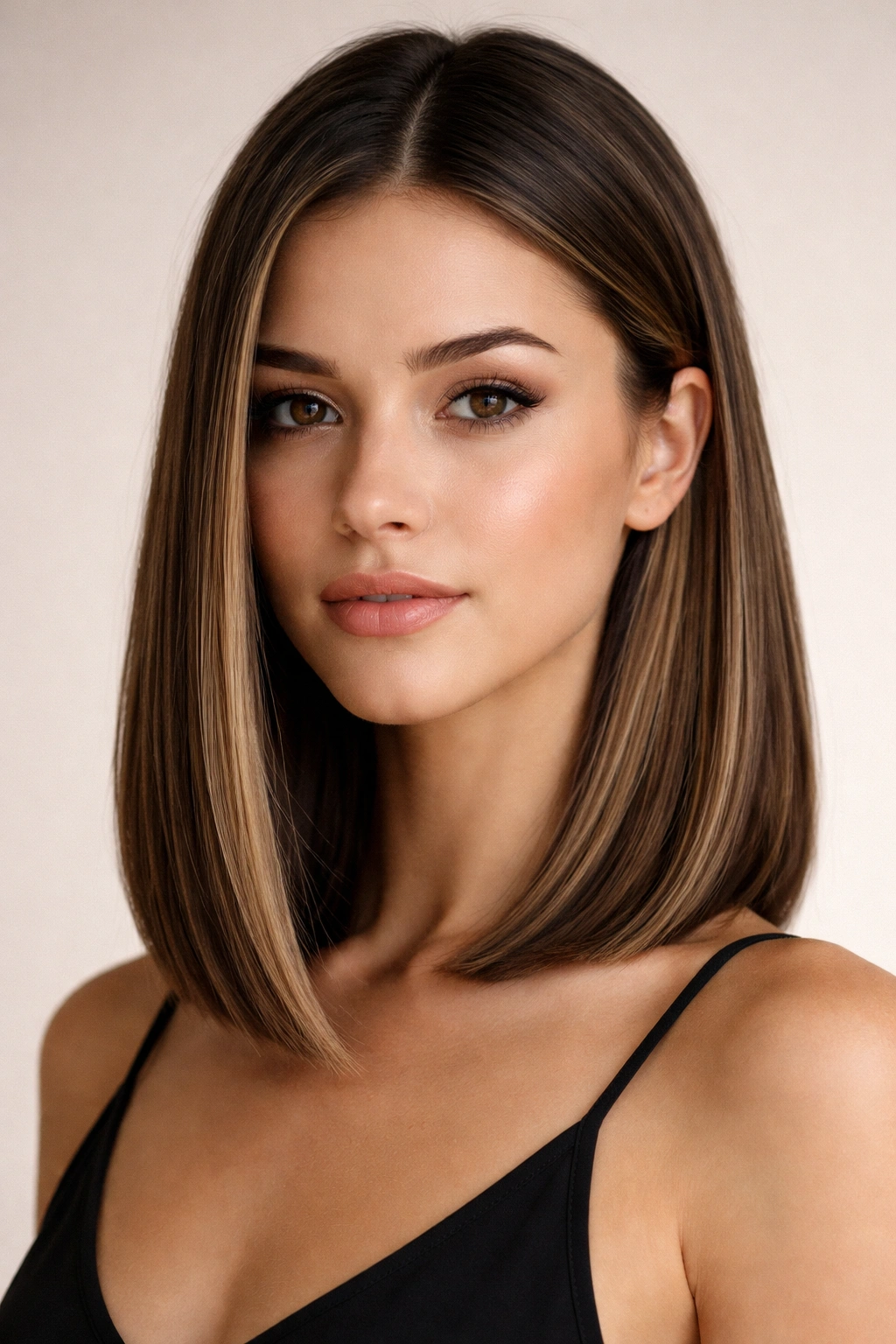 Triangle-faced model with straight hair in a sleek lob