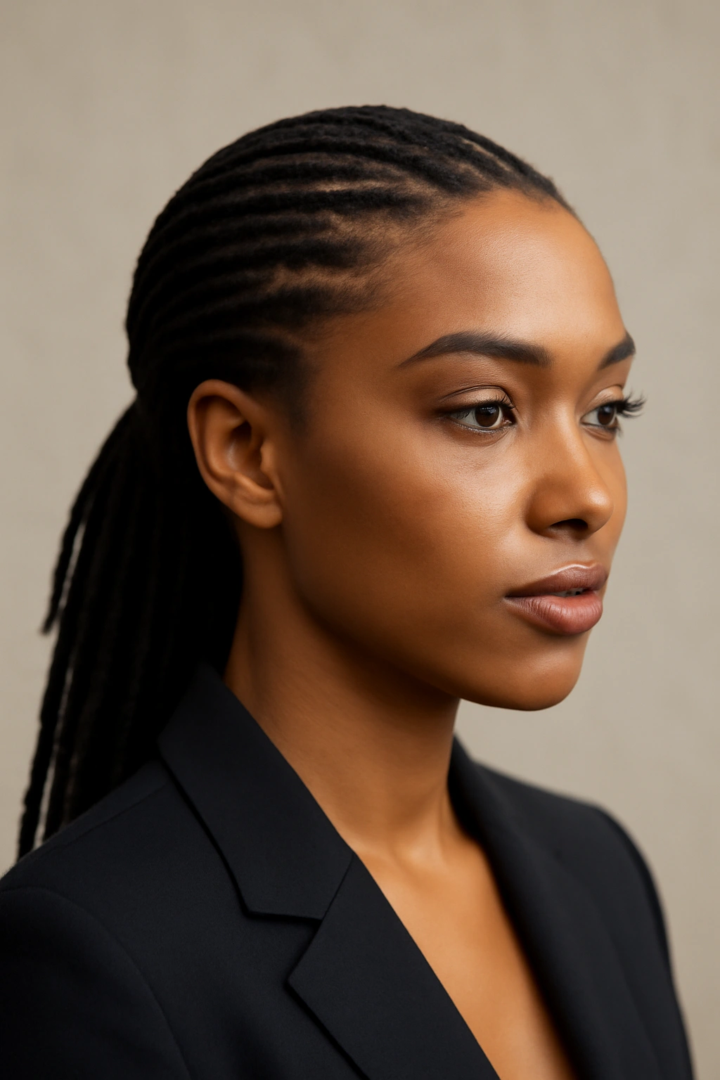 Sleek back locs close-up portrait with smooth glossy hair swept back