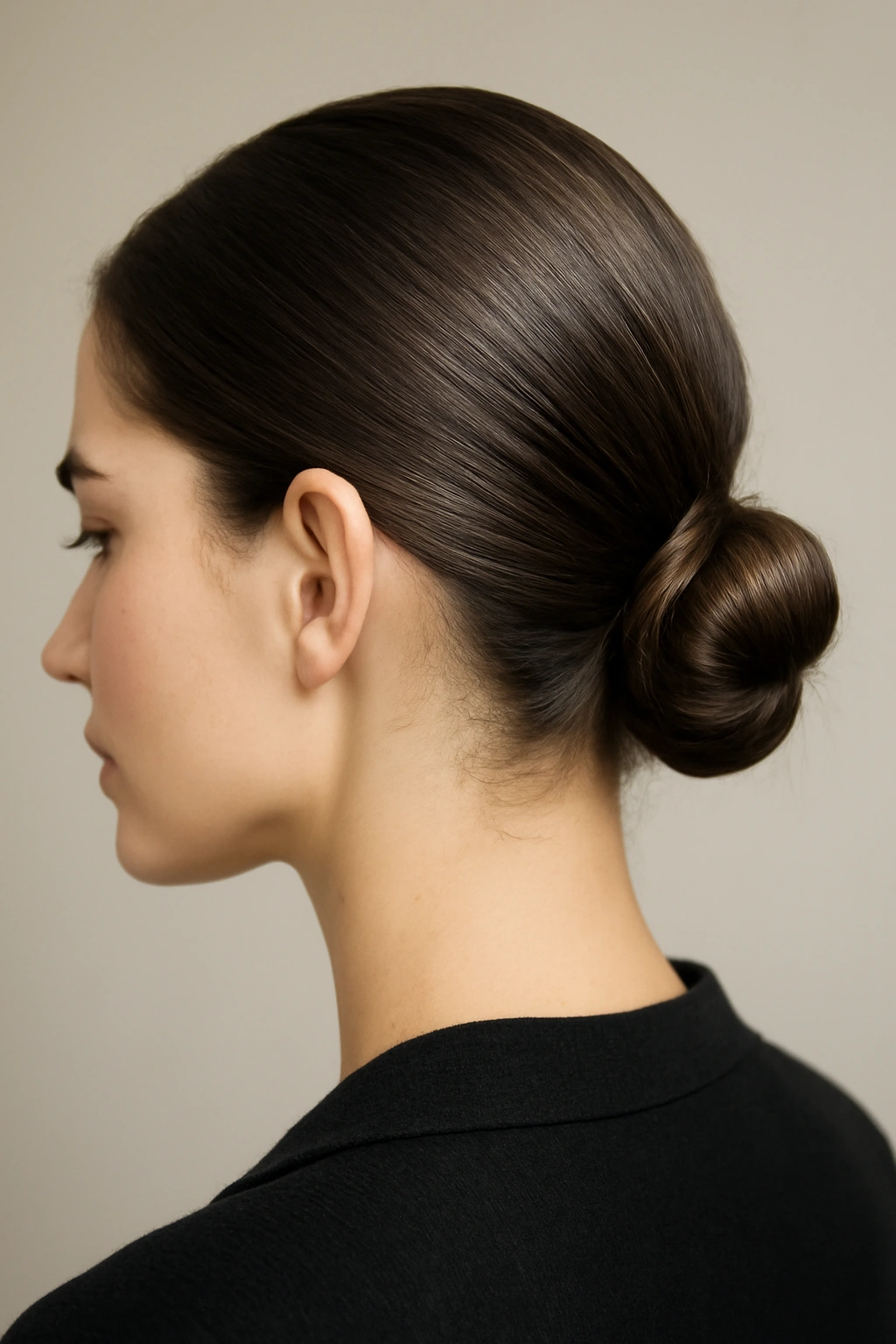 Sleek low bun formed from a low ponytail at the nape with polished finish.