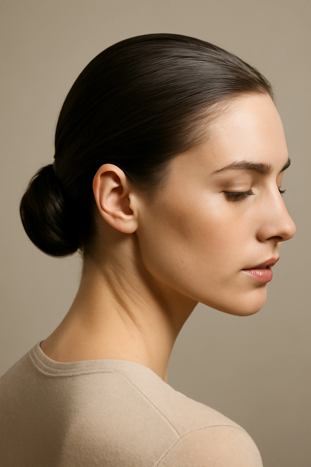 Sleek low bun with slicked-back crown on a person