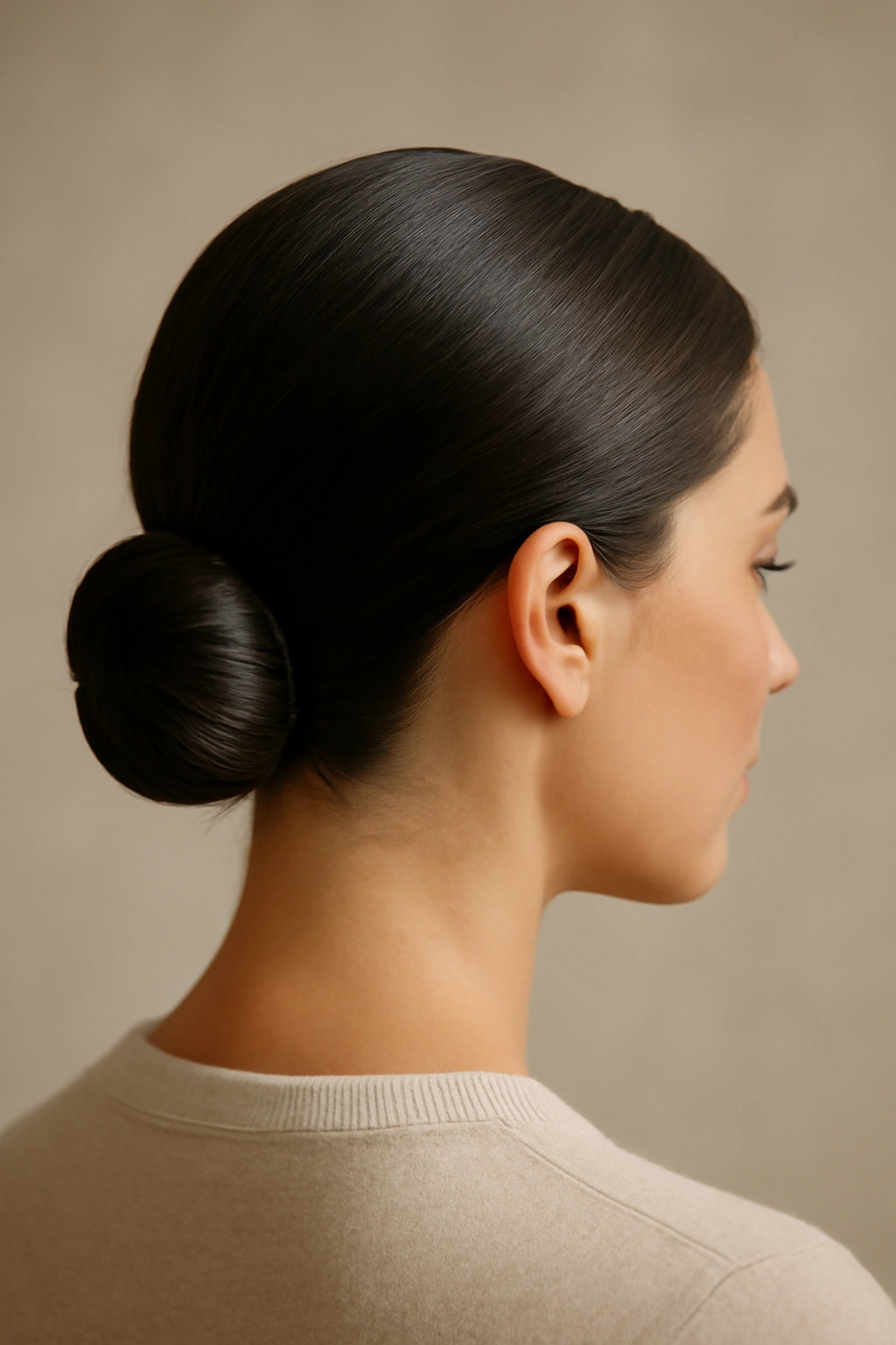 Close-up of a sleek low bun at the nape with smooth, polished hair