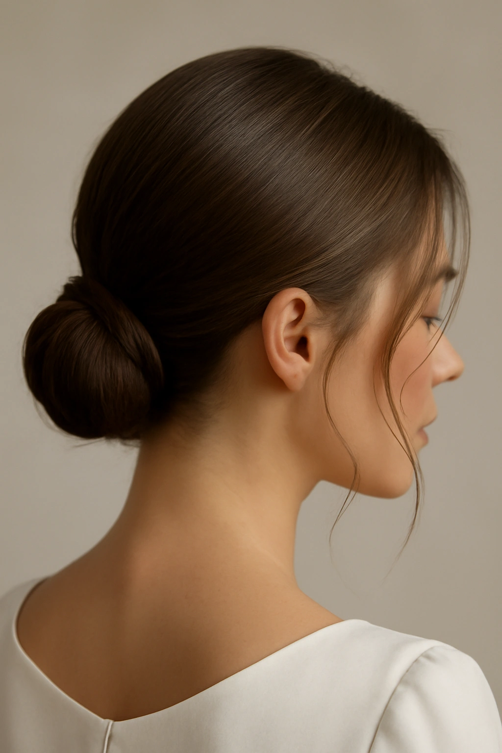 Sleek low bun on bob with wisps framing the face
