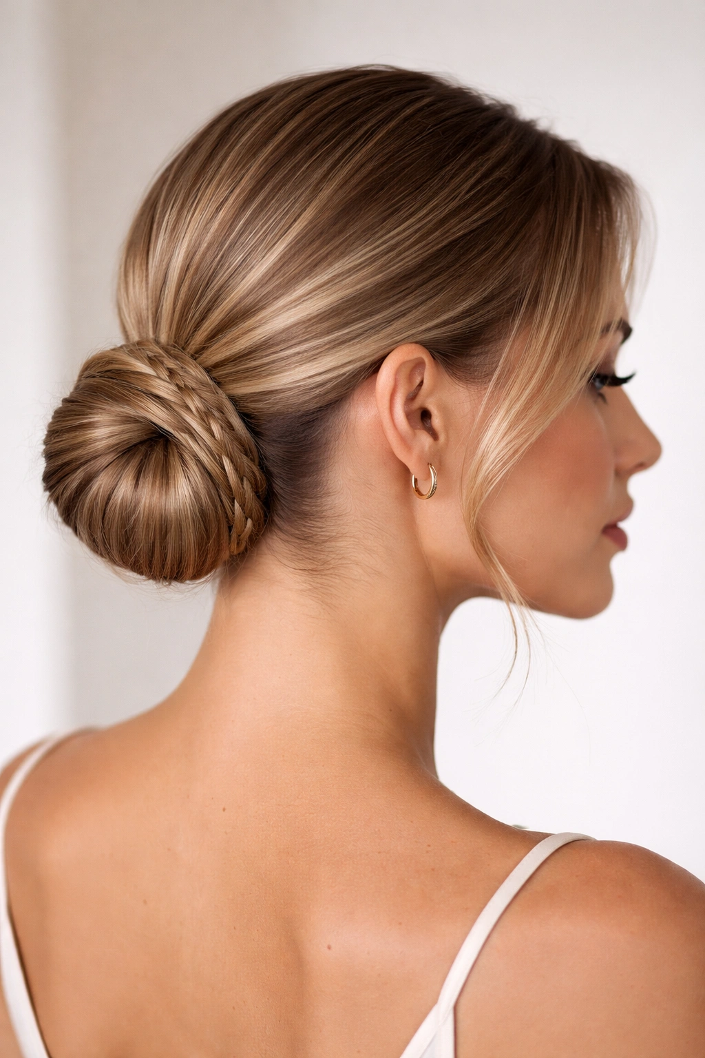 Sleek low bun with braided detail on fine waves
