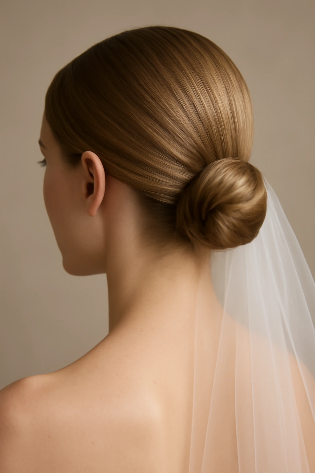 Close-up of an off-center sleek low bun on fine straight hair with a bridal veil