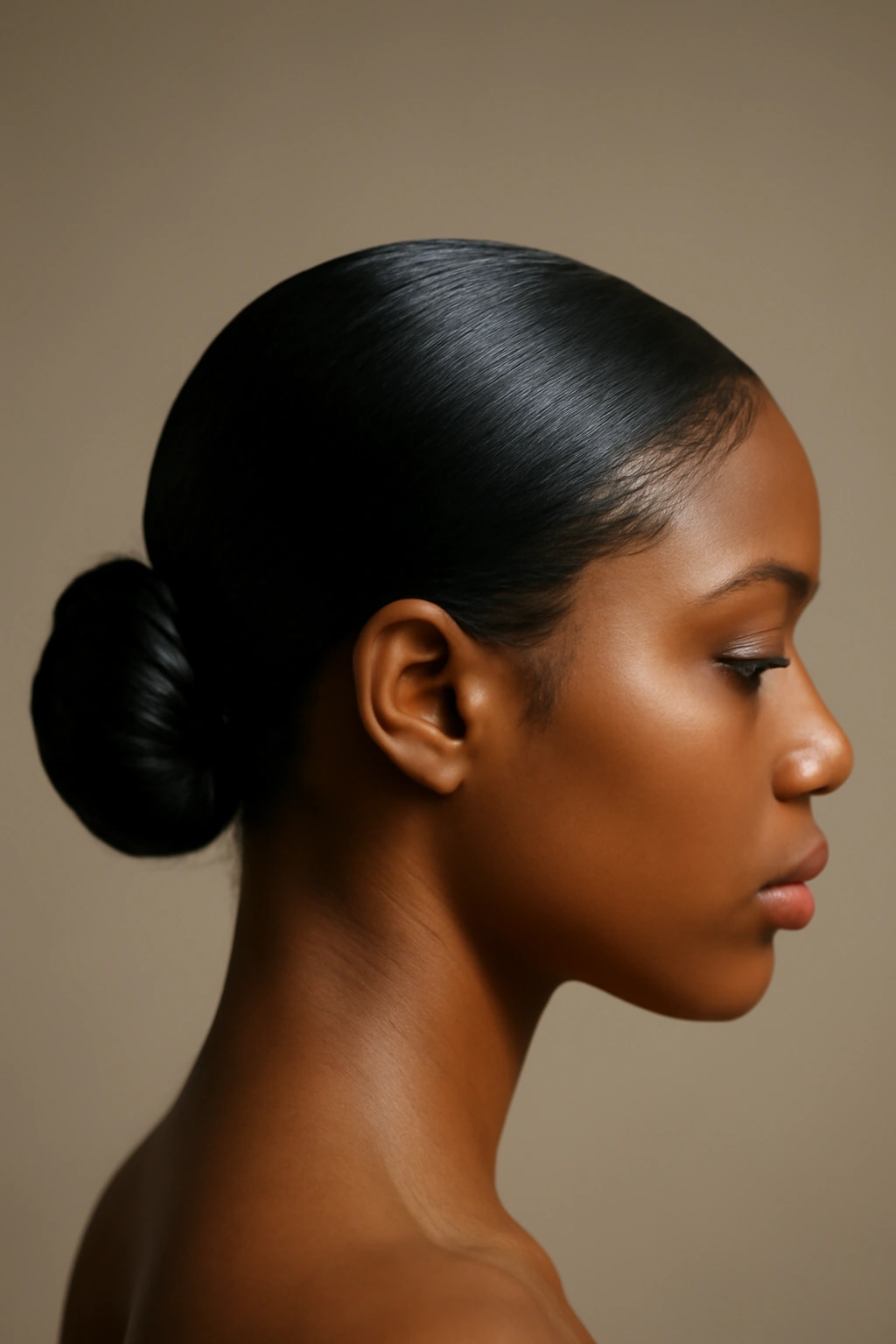 Close-up of Sleek Low Bun with Curved Edge at the nape showing smooth curved hairline