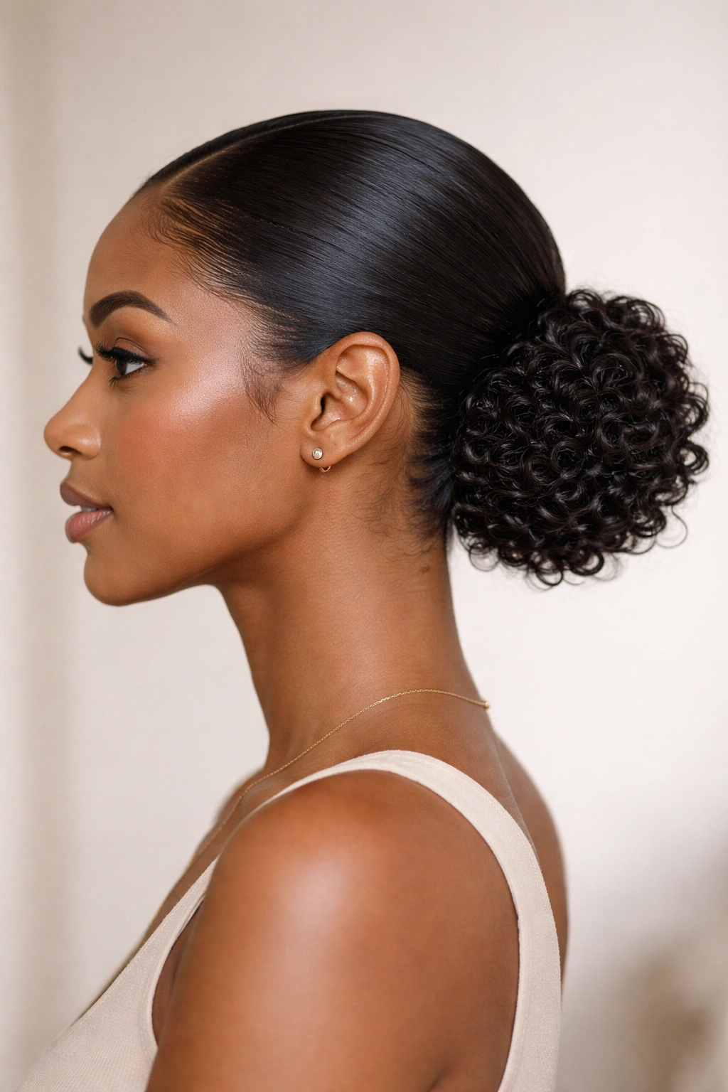 Close-up of a sleek low bun with defined curls at the base, in studio lighting