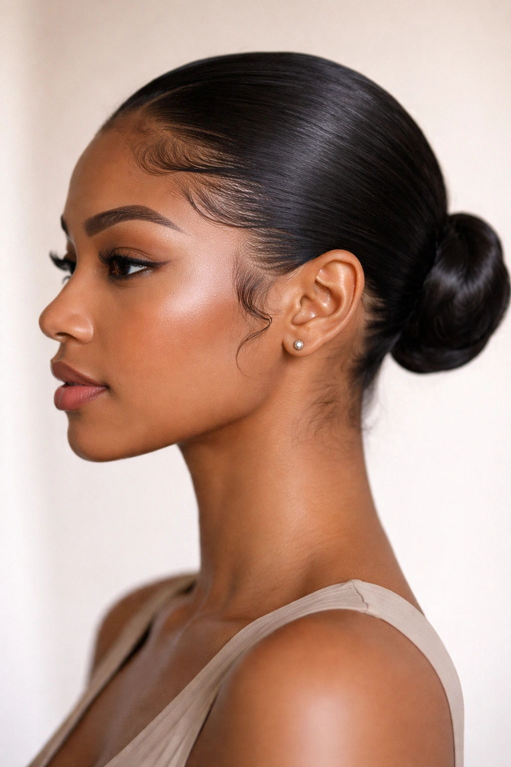 Close-up of a sleek low bun with defined edges at the nape of the neck