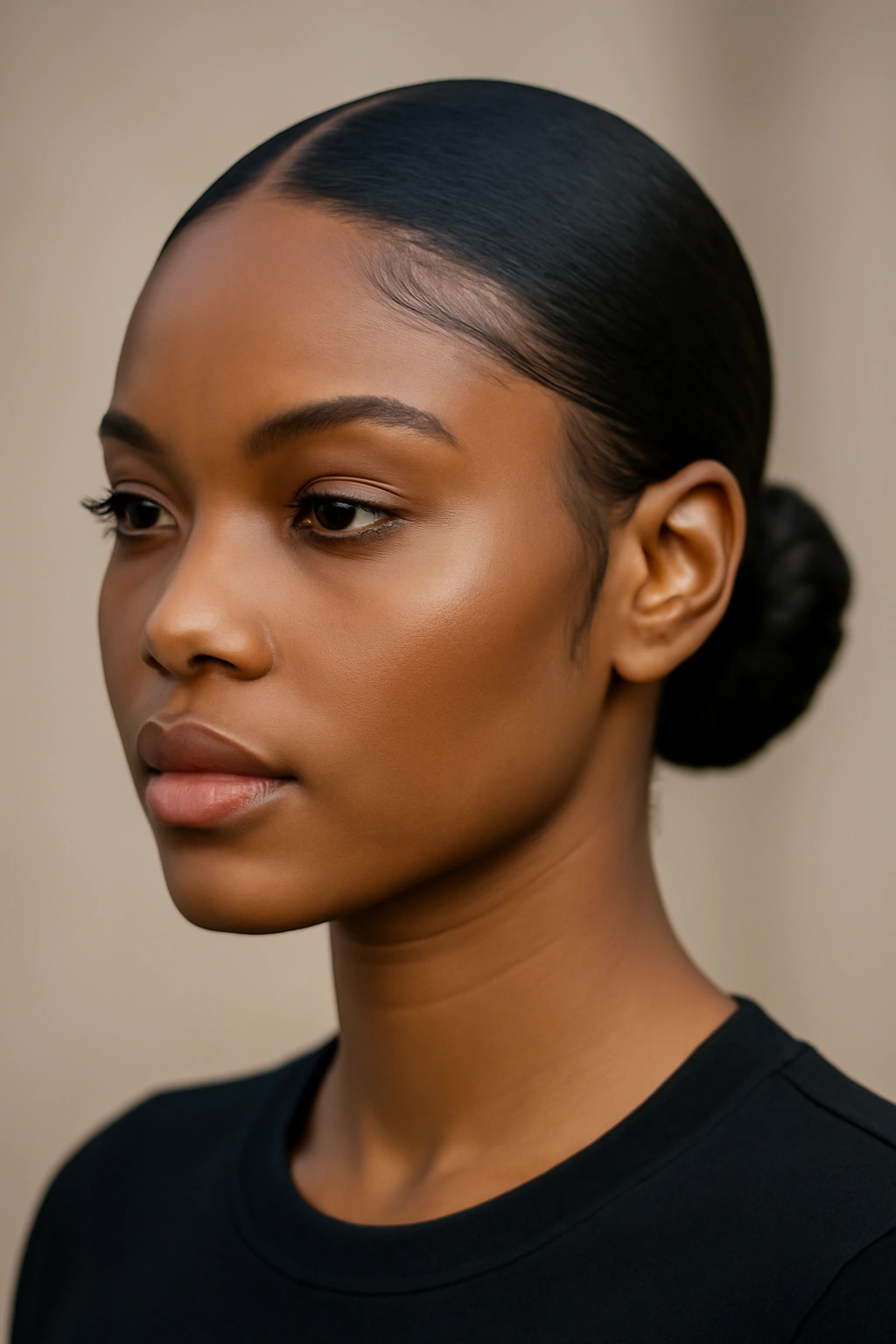 Sleek low bun with sharp edges framing the face