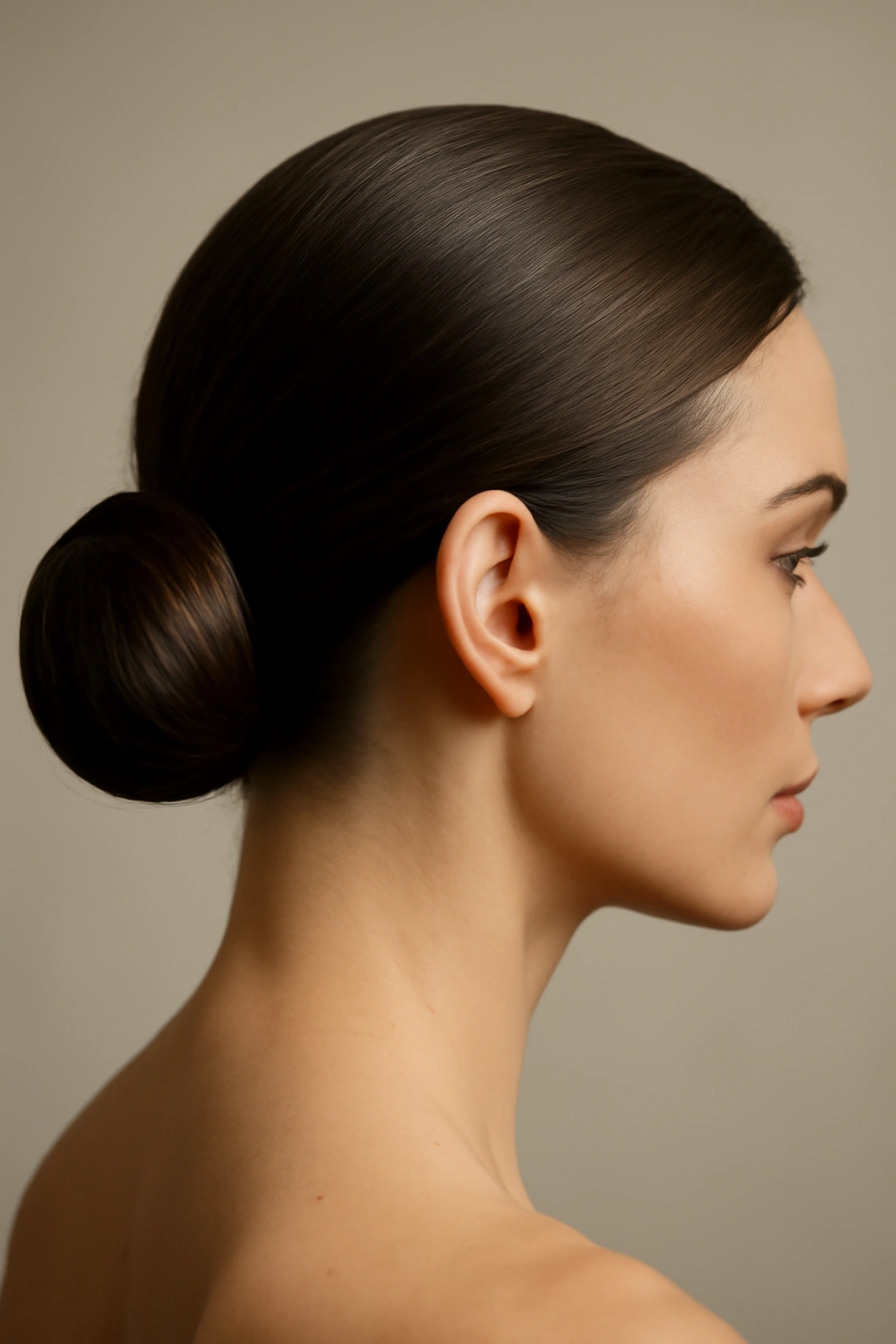 Close-up of sleek low bun at nape with smooth polished hair