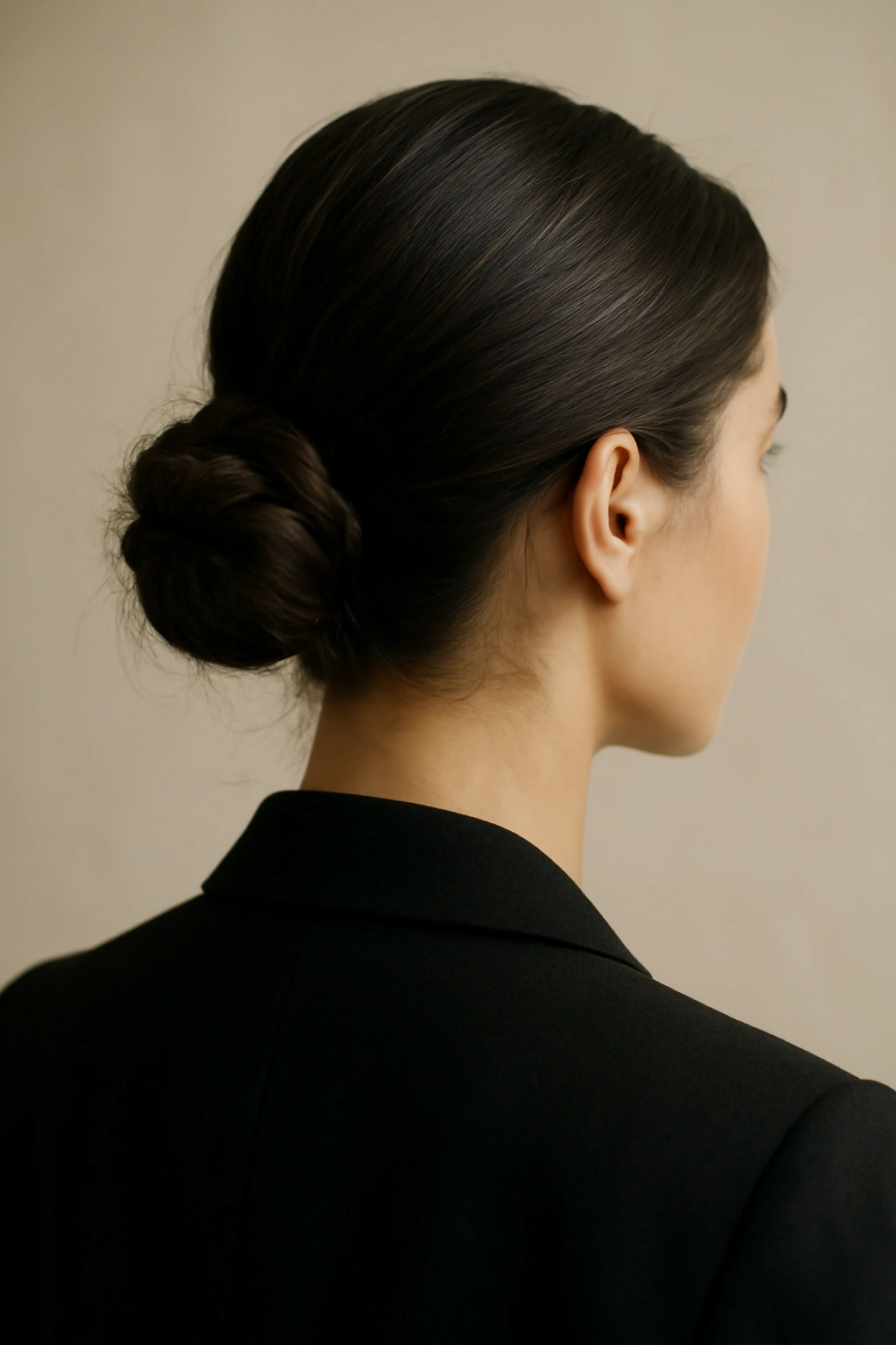 Close-up of Sleek Low Bun hairstyle with textured nape in a blazer-ready portrait