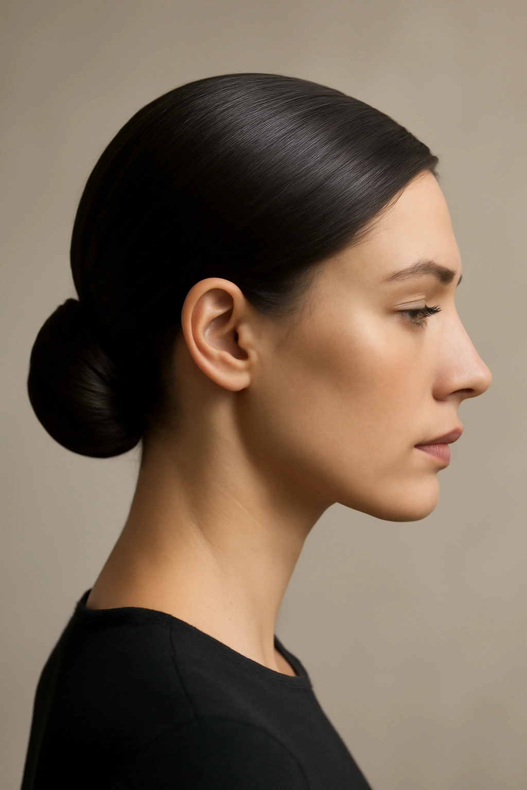 Sleek low bun hairstyle on short hair highlighting neck and jawline