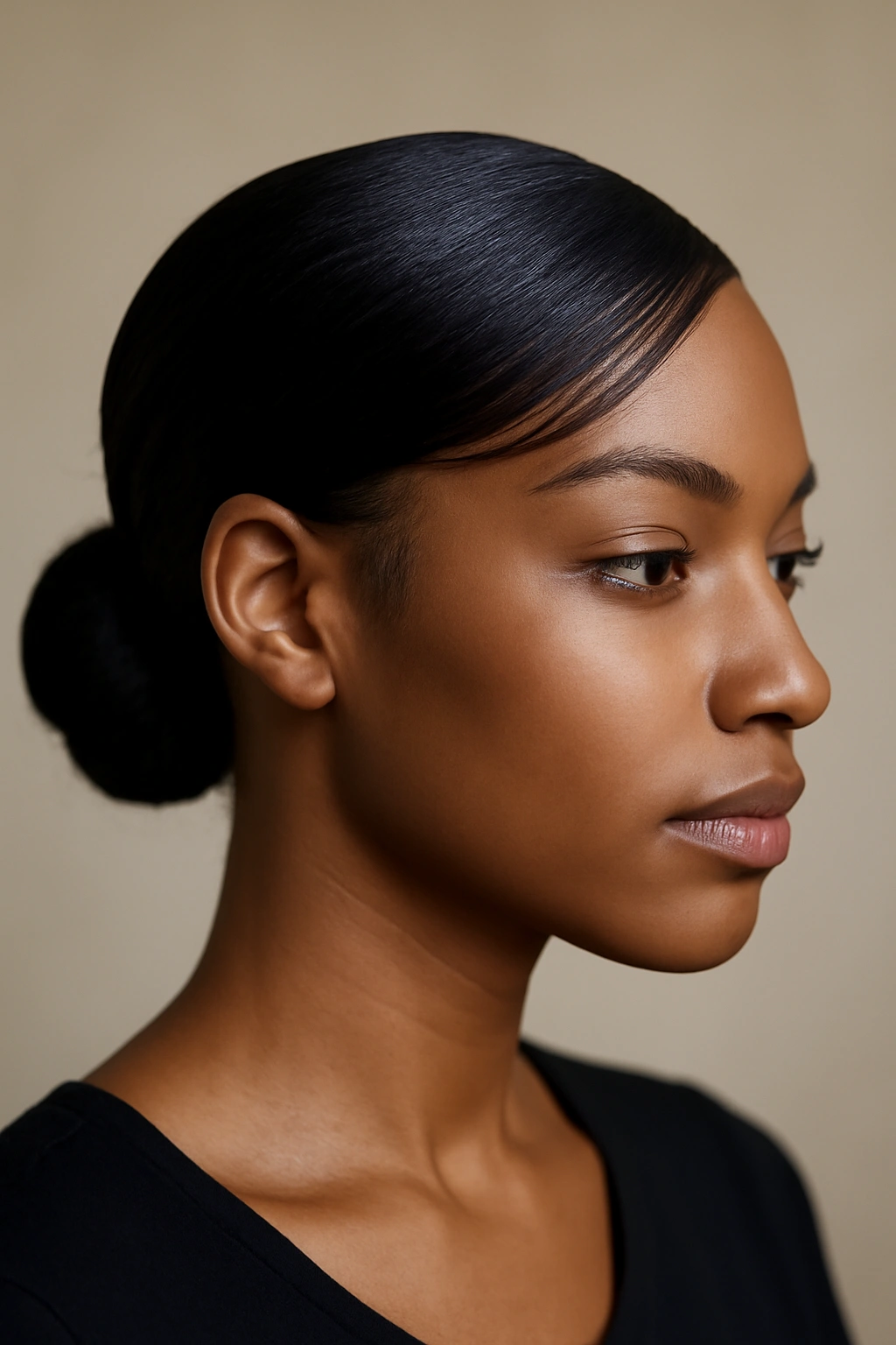 Close-up of a sleek low bun with side-swept edges on textured Black hair