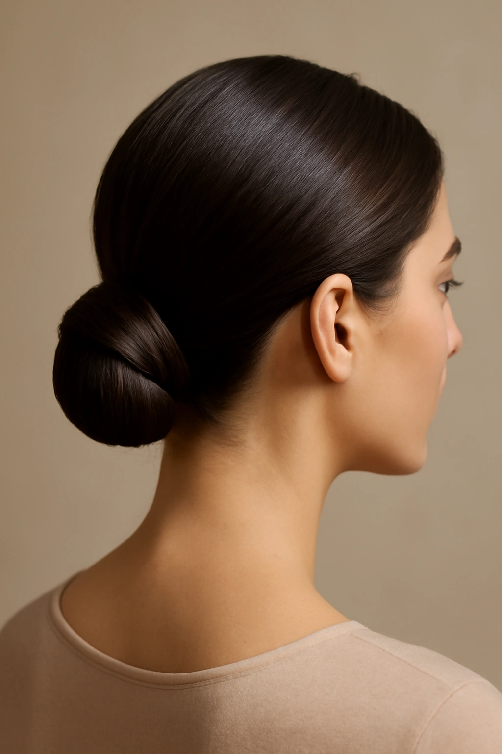 Close-up of a sleek low bun at the nape of the neck