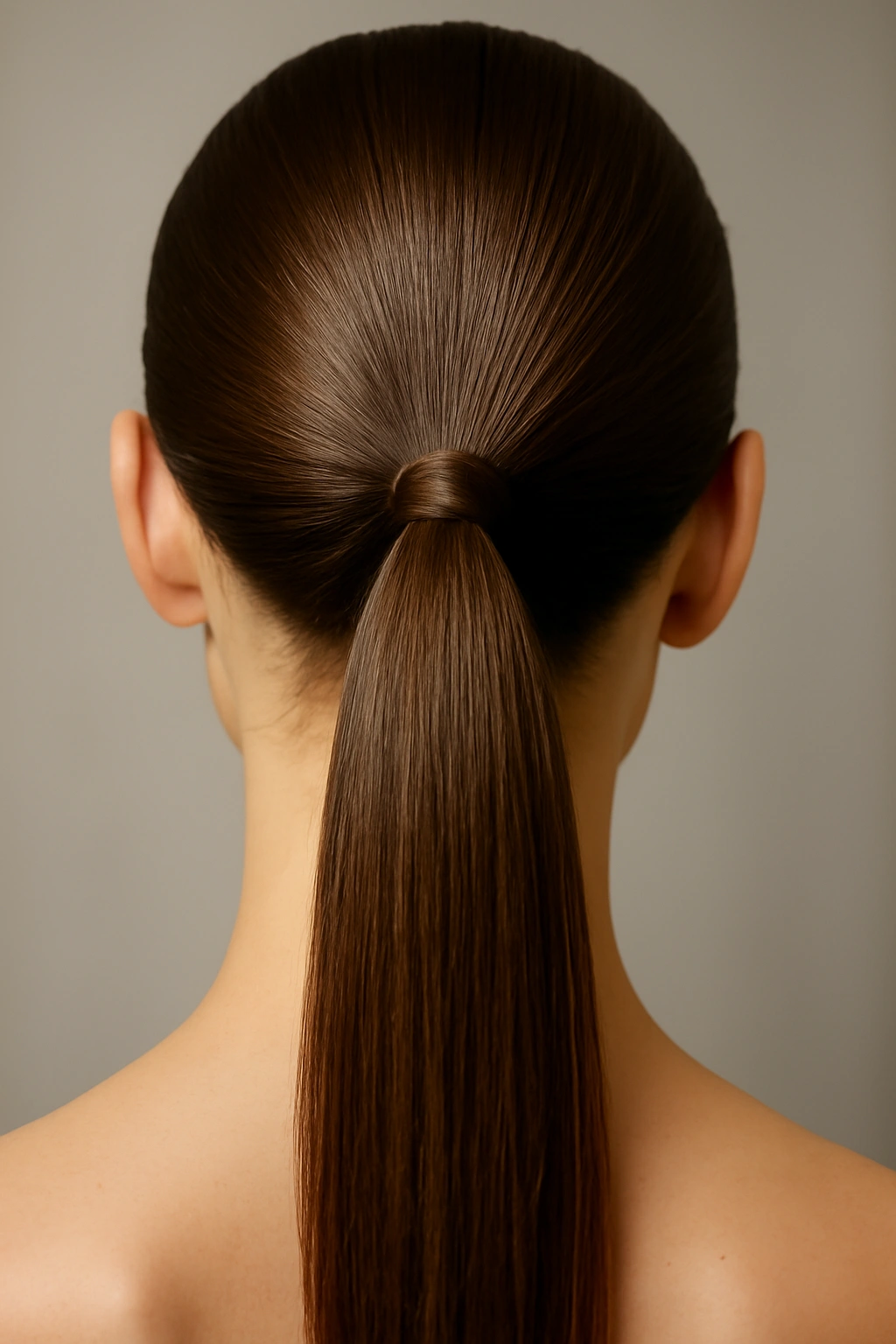 Close-up of a sleek, glossy low ponytail wrapped elastic at the nape
