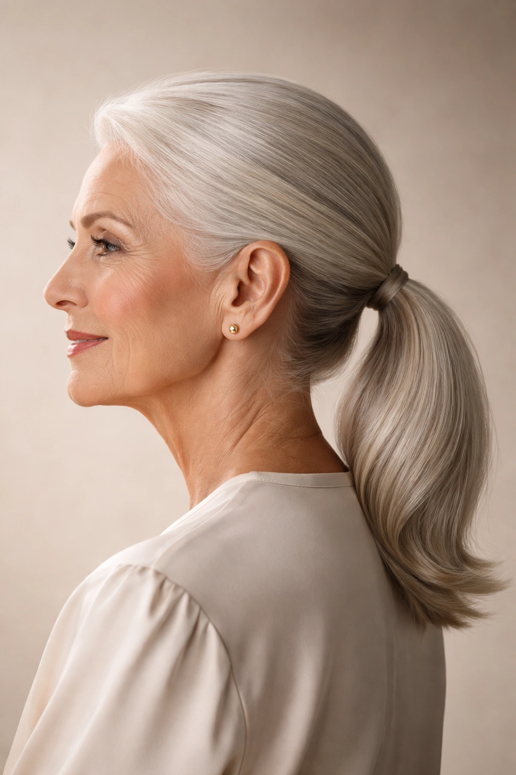 Older woman with sleek low ponytail at the nape