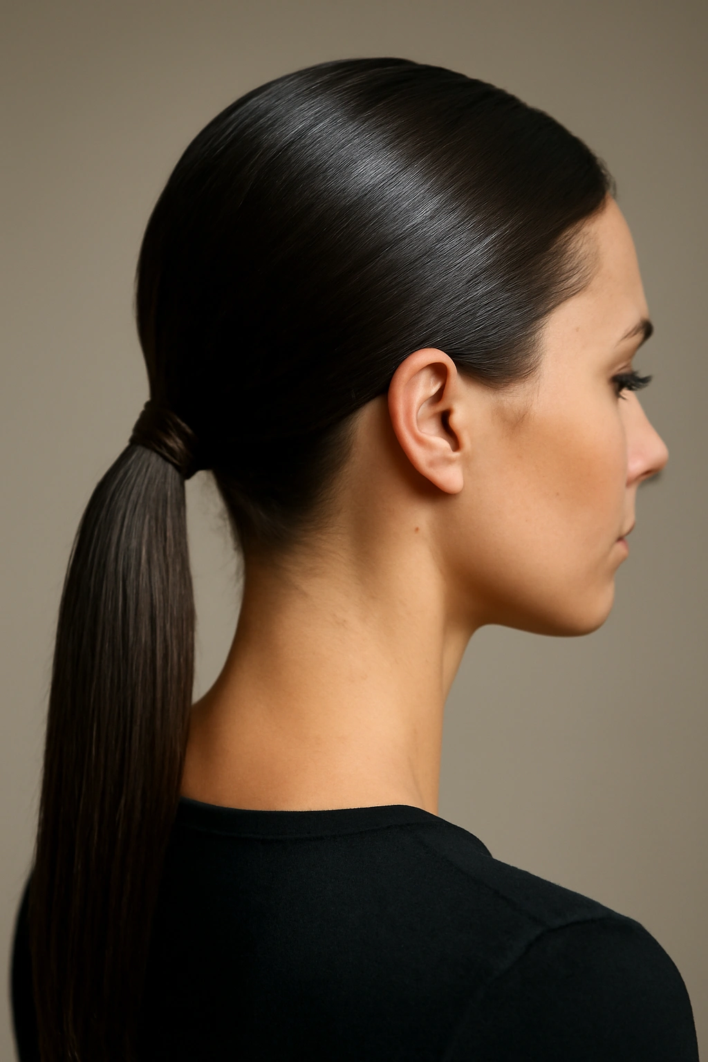 Glossy low ponytail at the nape, smooth and polished