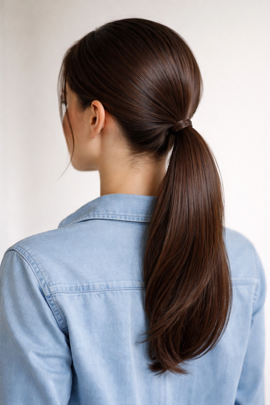 Low ponytail at the nape with glossy, smooth hair.