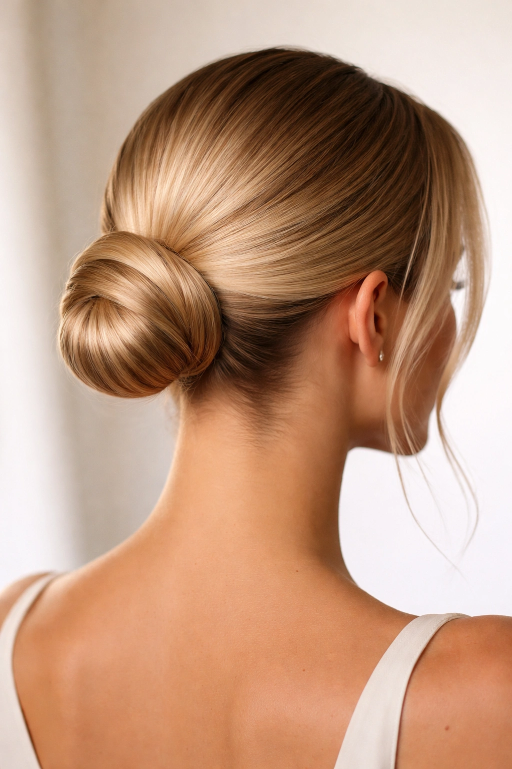 Glossy sleek topknot at the back of the crown