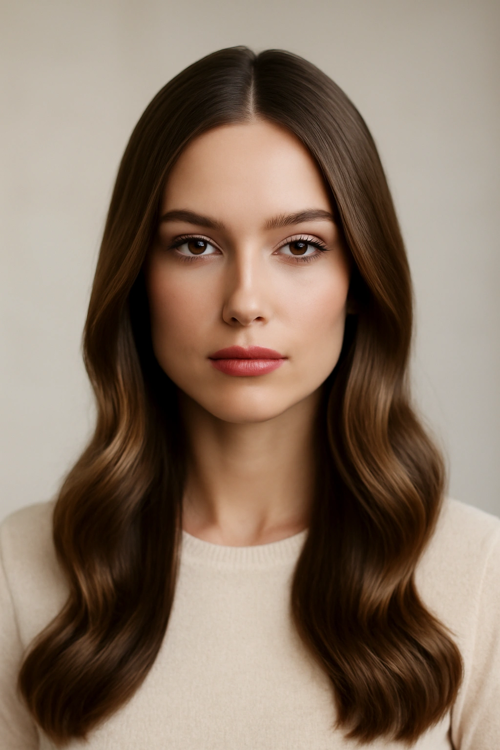 Hair with a straight center part and subtle waves for dimension, studio lighting
