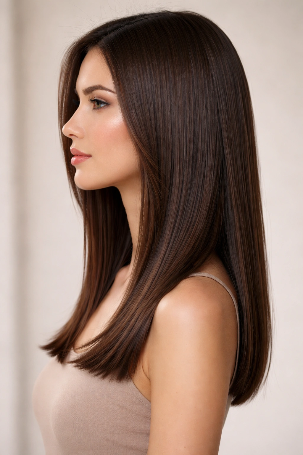 Sleek straight midi-length cut with subtle face-framing layers