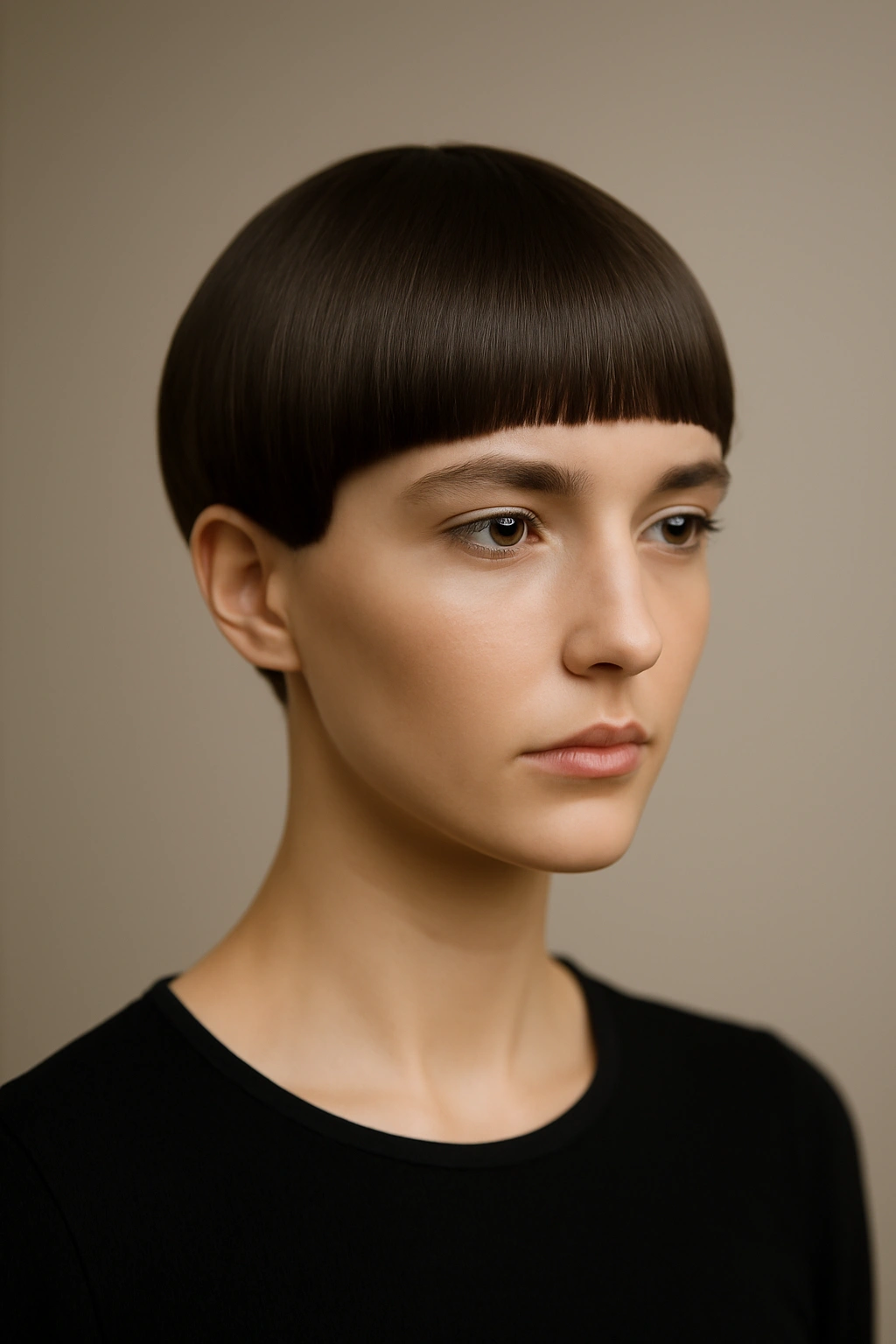 Close-up of sleek minimalist bowl haircut with pristine lines