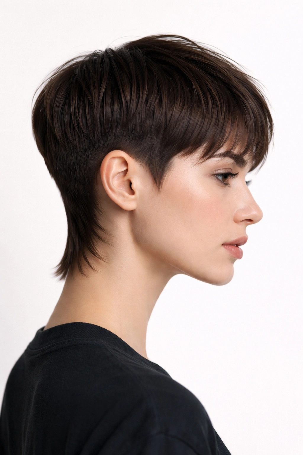 Sleek Minimalist Mixie hairstyle with crisp geometry and blunt back.