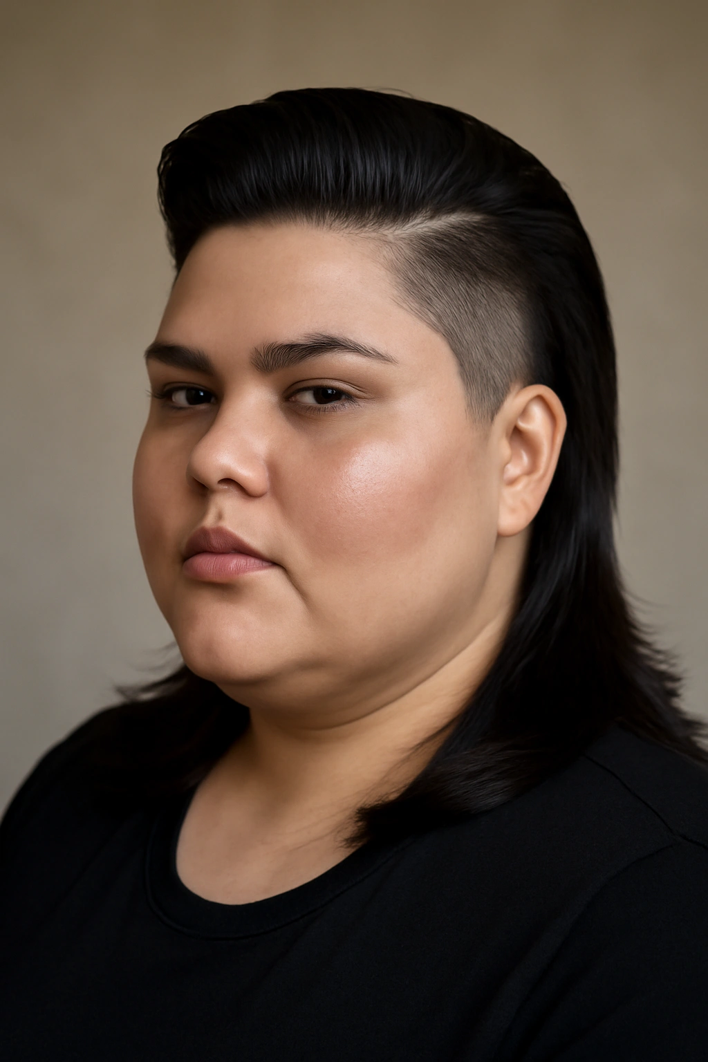 Portrait of a plus-size woman with a sleek mullet and undercut showcasing bold contrast