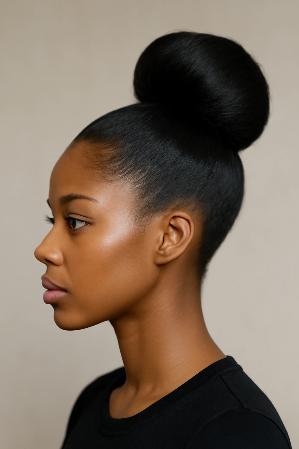 Sleek high pineapple top with smooth sides and minimal frizz