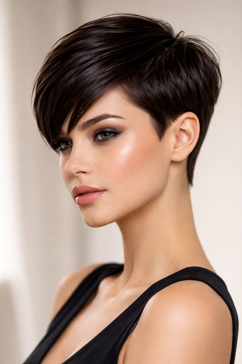 Sleek pixie cut with angled top and glossy finish