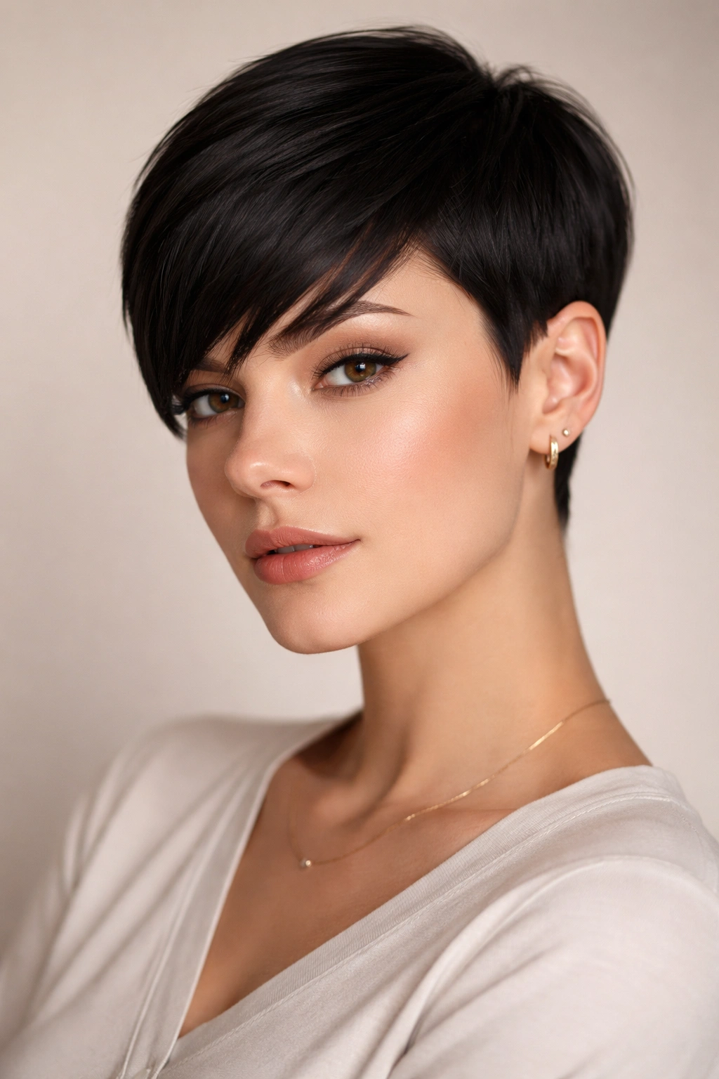 Sleek pixie with angled bangs and precise cuts