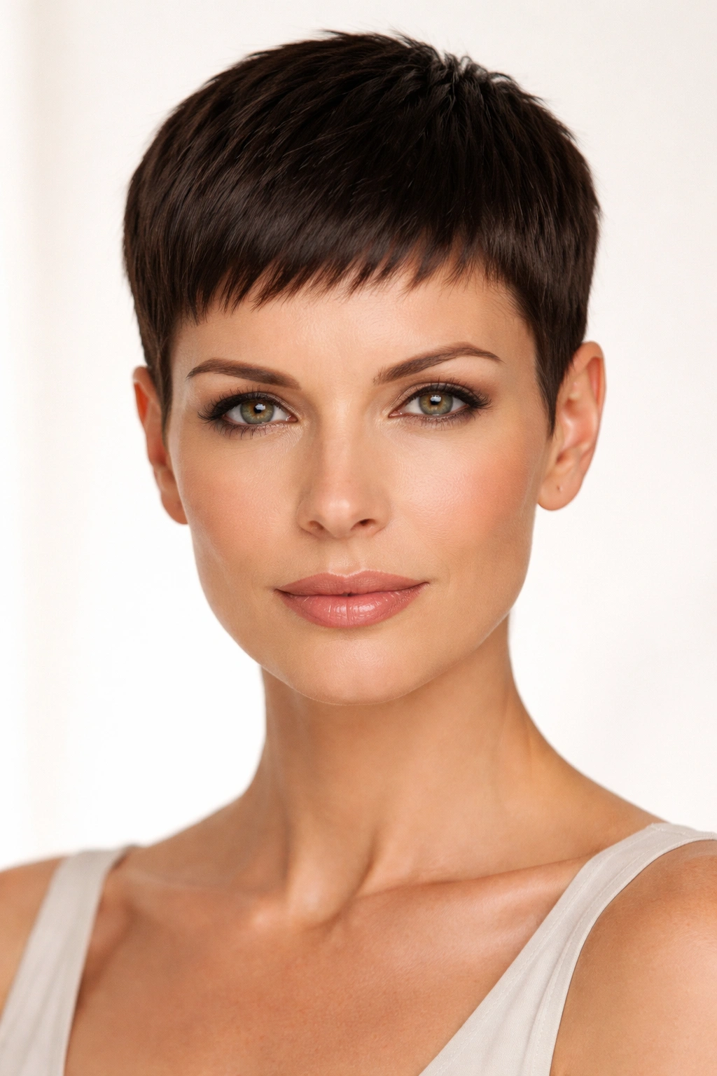 Frontal portrait of a person with a sleek, short pixie cut and clean edges.