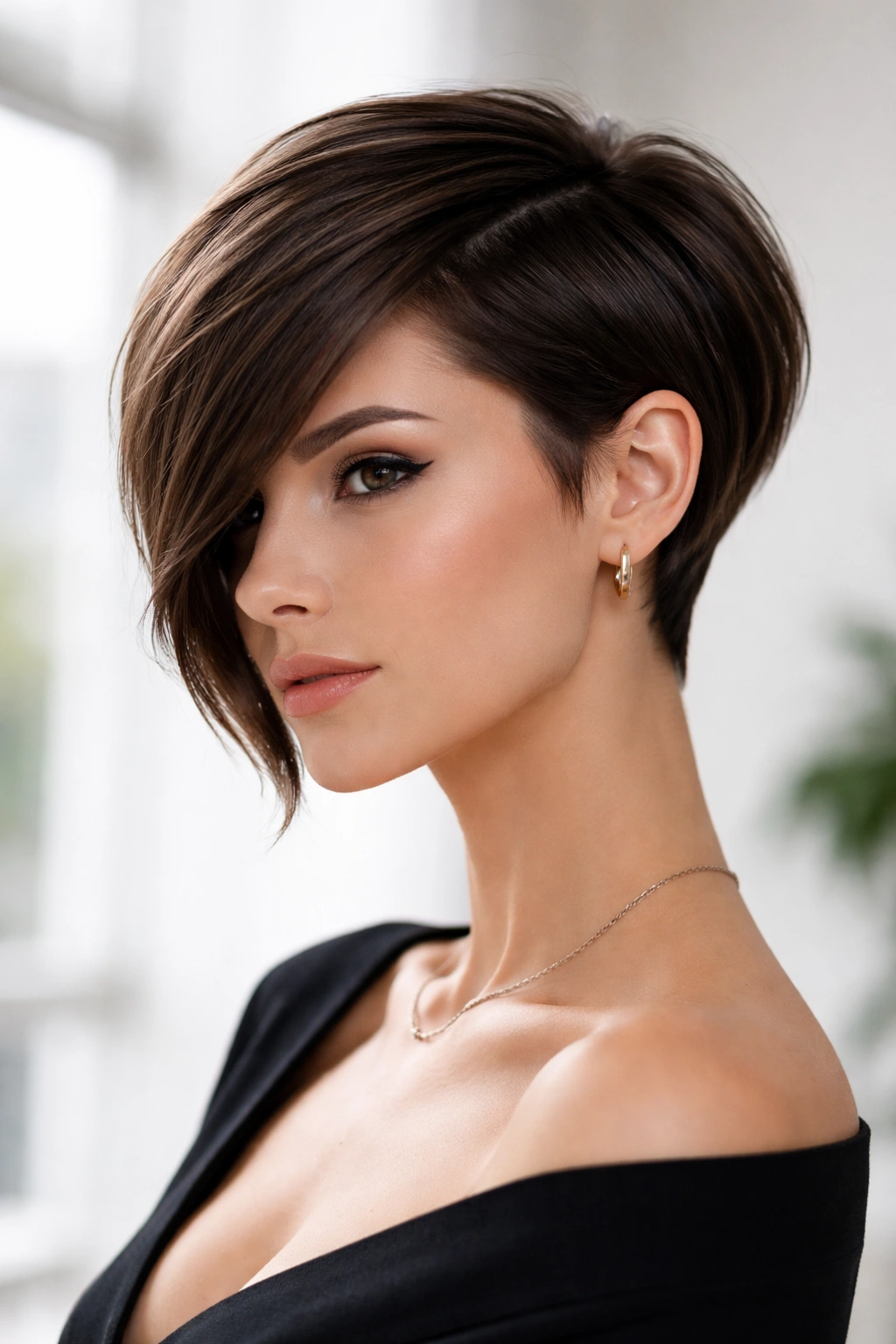 Model with a sleek pixie-bob hybrid, shorter side tucked behind the ear and longer opposite side.