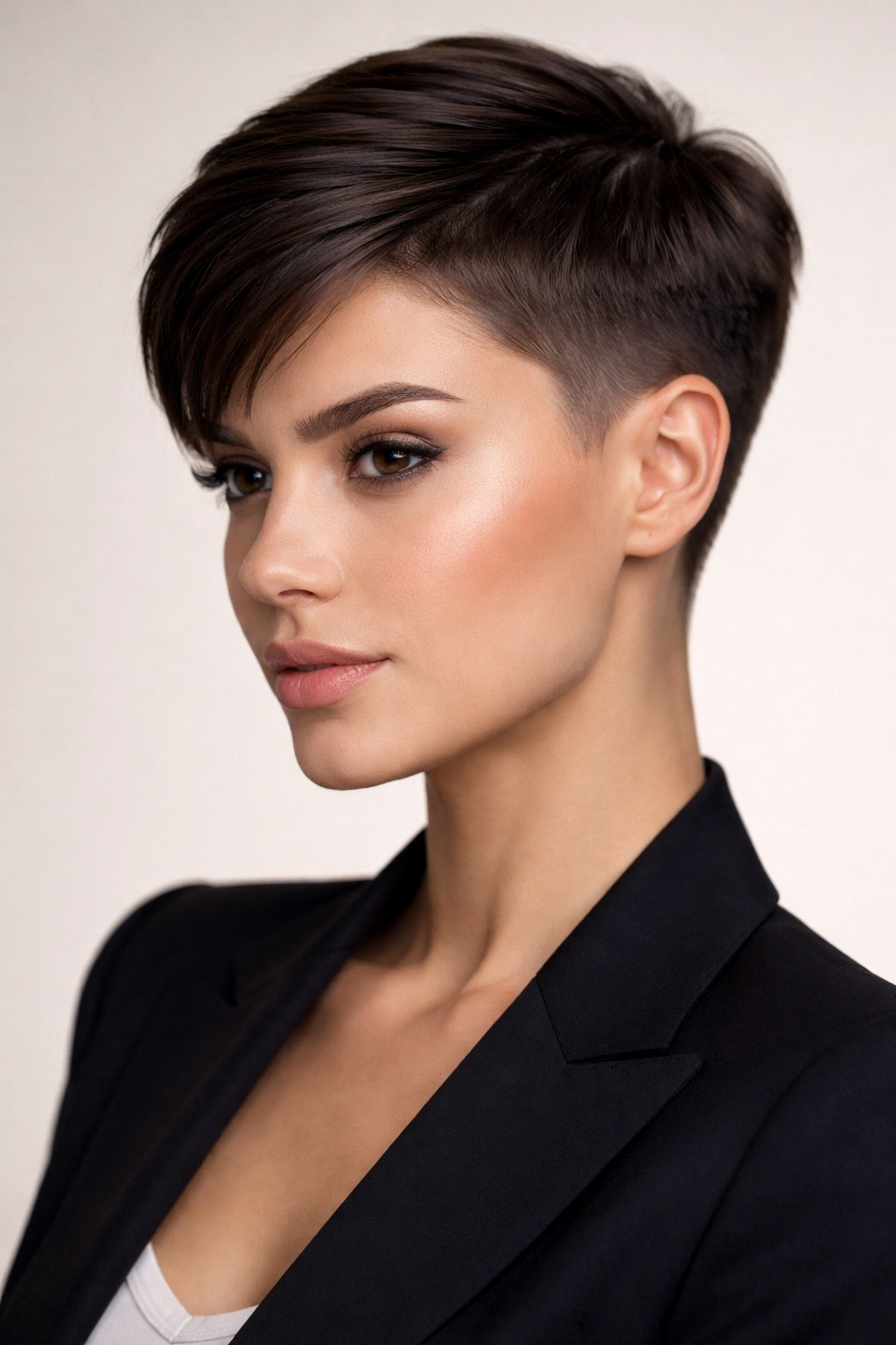 Close-up of a sleek polished pixie crop with clean lines and shaved sides