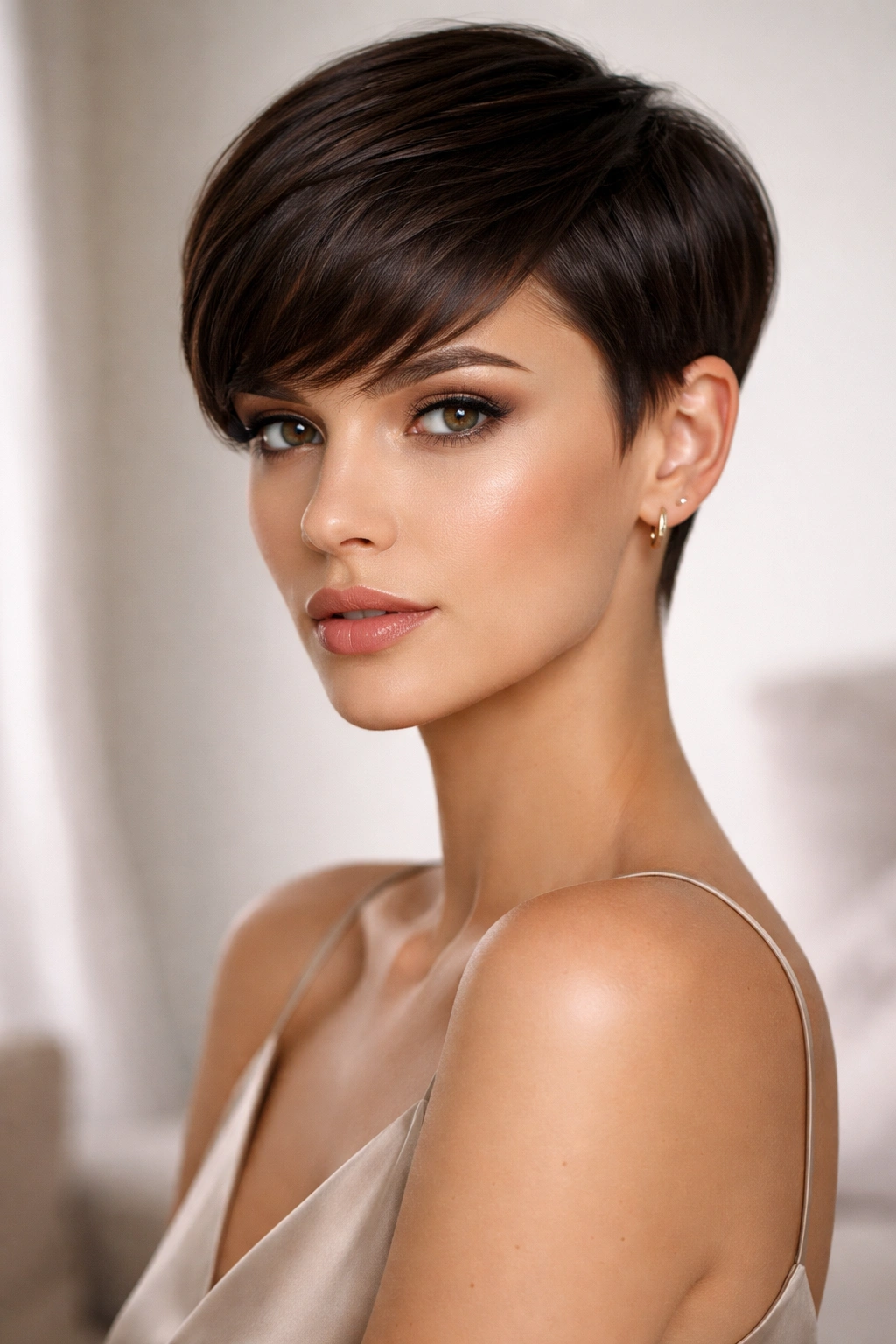 Close-up of sleek pixie cut with sharp lines and polished finish