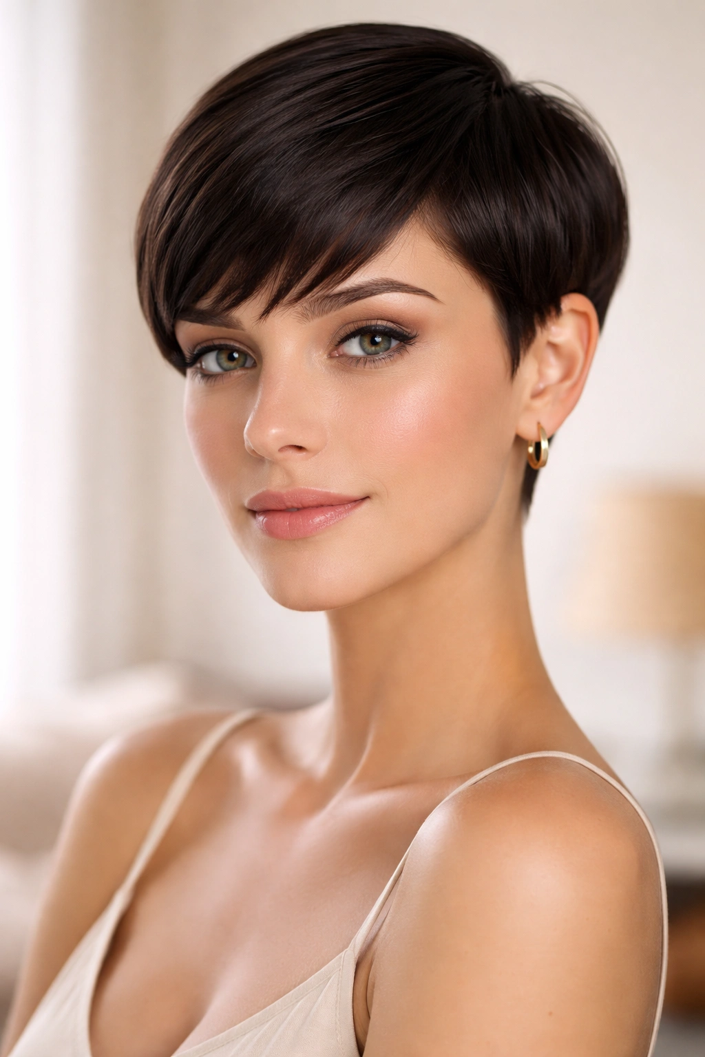 Front-facing shot of sleek pixie cut with blunt edges