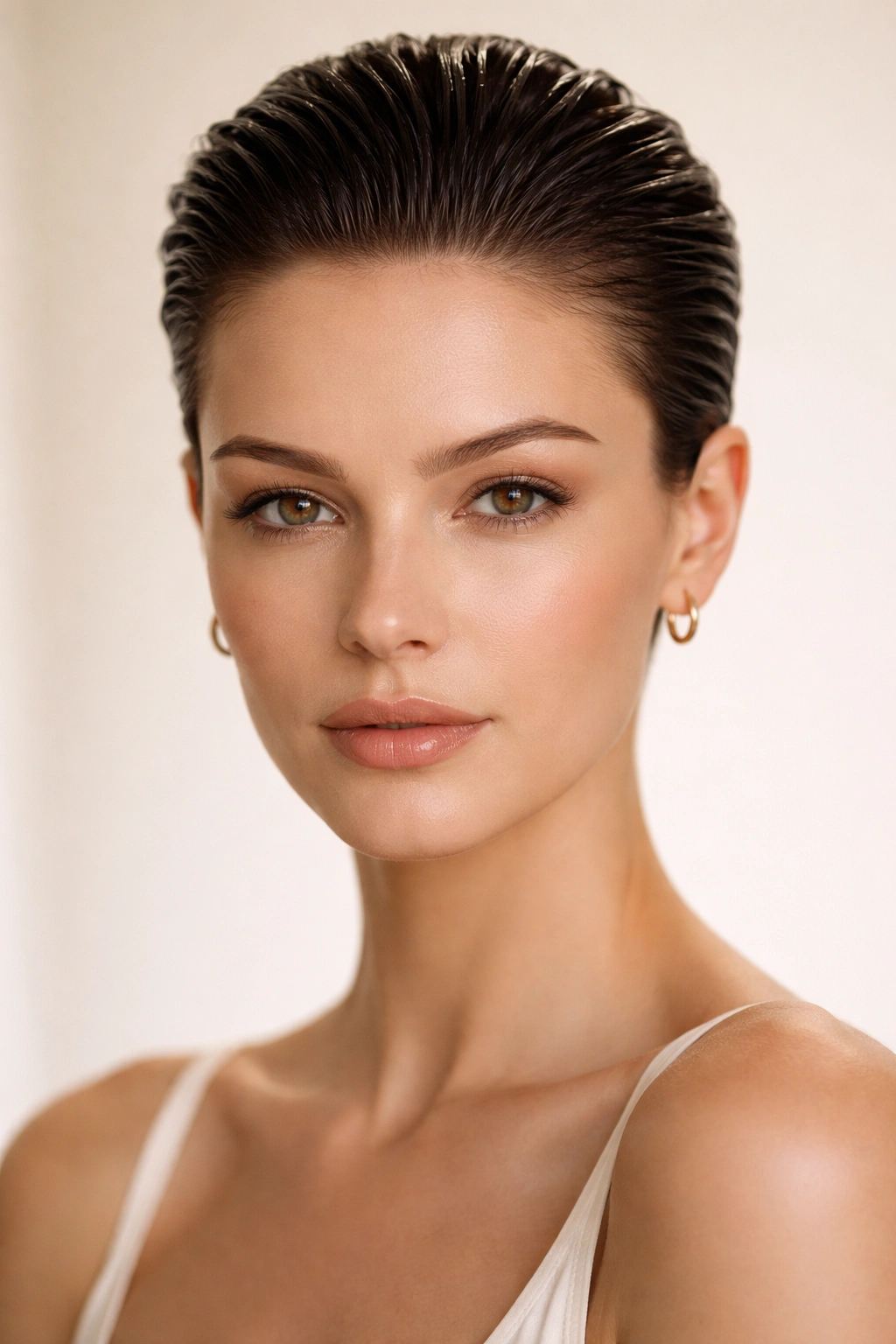 Sleek pixie with hair slicked back for a polished look