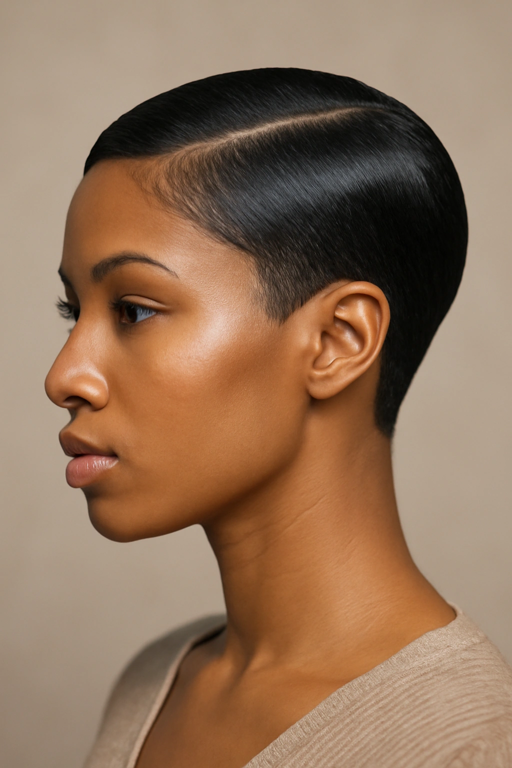 Close-up of a person with a sleek pixie cut, polished and tapered on the sides