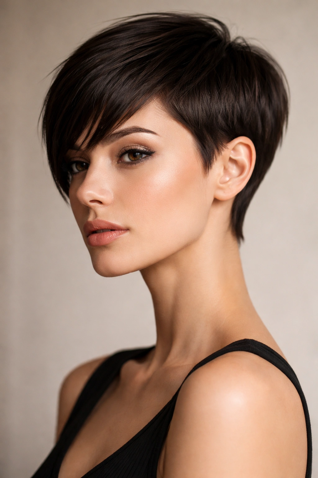 Portrait of a person with a sleek pixie cut on straight hair showing bold architectural lines